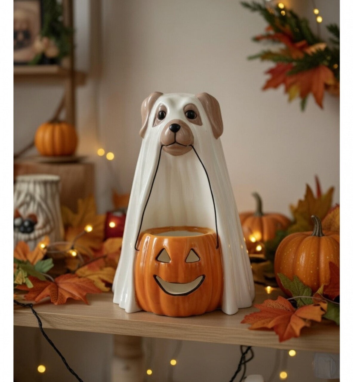 Ceramic Halloween Ghost Dog Holding Pumpkin Jack-O-Lantern T-light Candle Holder, Home Décor, Gift for Her, Gift for Mom, Dog Lover Gift